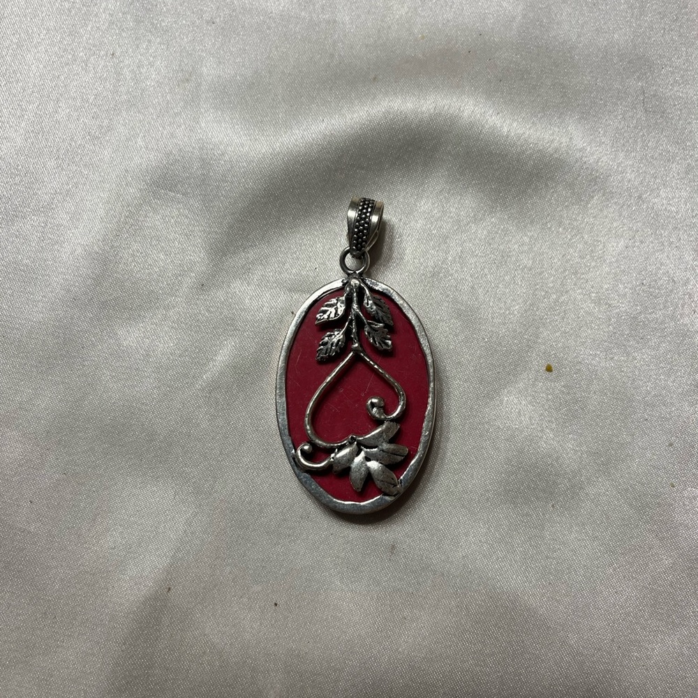 Red and Silver Art Nouveau pendant with Intricate Metalwork